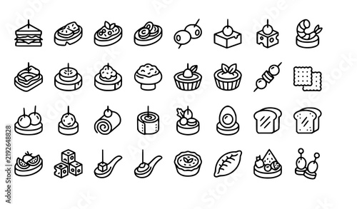 Canapé and Appetizer Food Thin Line Icon Set for Buffet Menu and Catering Design