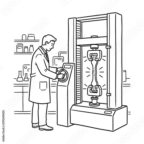 Scientist in a lab coat operates a universal testing machine to conduct material strength analysis, highlighting research and development in a laboratory environment.