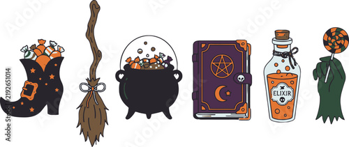 Halloween top decorative border Vintage Halloween witch icons set, spooky occult magic elements vector, 6 mystical orange and purple illustrations for seasonal party decor isolated on
