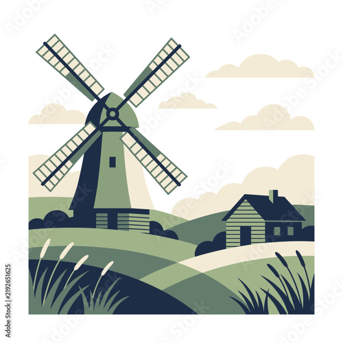 A scenic rural landscape illustration featuring a classic windmill and a cozy small cottage nestled among green rolling hills and meadows