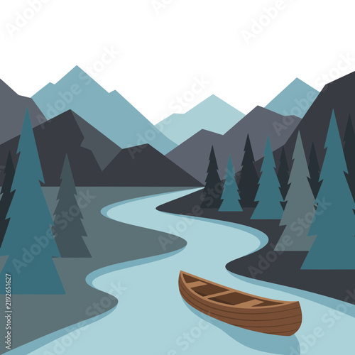 Canoe Floating Down a Winding River Through a Majestic Mountain Range With Pine Forests and Calm Waters in a Minimalist Vector Illustration Style