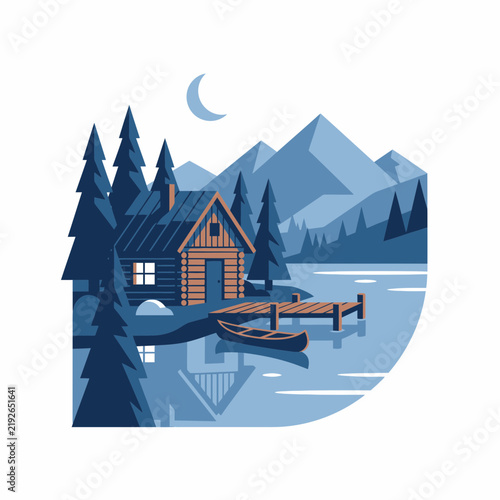 Scenic vector illustration of a cozy wooden lakeside cabin nestled beneath majestic mountain peaks under a crescent moonlit night sky