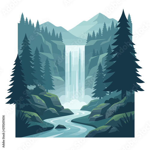 Scenic waterfall flowing through pine forest and majestic mountain valley landscape