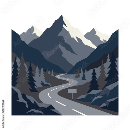 Winding Mountain Road Passing Through Snowy Peaks and Dense Pine Forest Minimalist Vector Illustration