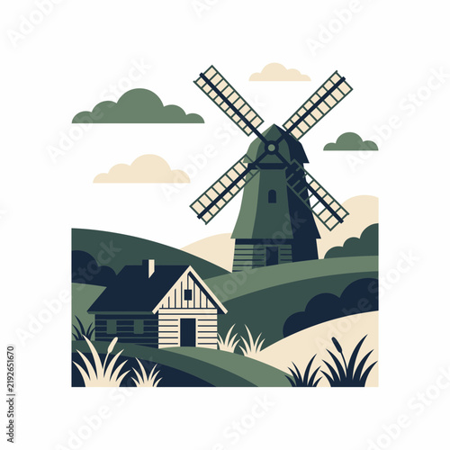 Flat Vector Illustration of a Traditional Dutch Windmill and Small Cottage in a Peaceful Rural Landscape