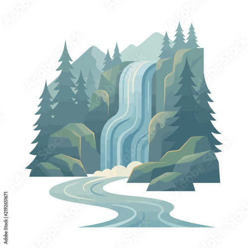 Vector illustration of a serene mountain waterfall with lush pine trees and a flowing river