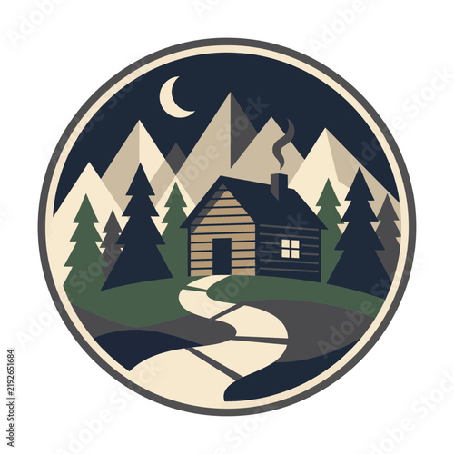 Cozy wooden cabin in the mountains at night vector illustration. Log cabin badge with pine trees and crescent moon in the night sky
