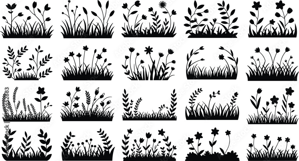 Fototapeta premium Set of black grass and flower silhouettes for decorative design elements on white isolated background