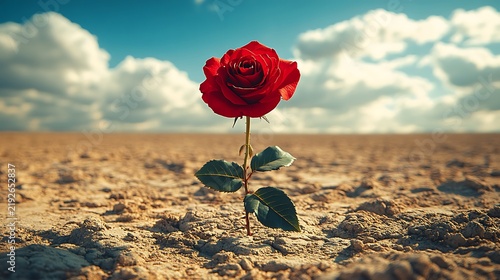 Red rose blooming in desert landscape