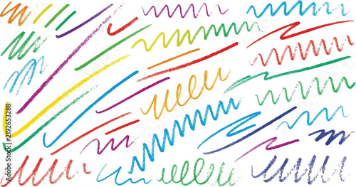 Crayon highlight strokes on notebook grid with orange, pink and blue. Underline and streaks brush pencil texture for education. Colorful vector crayon elements with kid highlight 