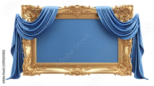 Vintage Ornate Gold Frame with Blue Draped Curtains Isolated on White
