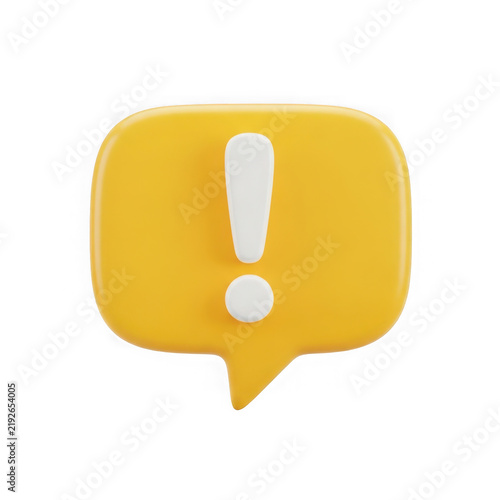 3d yellow speech bubble icon with a white exclamation mark for notification