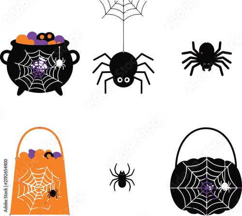 Halloween top decorative border Halloween spider vector icon set, spooky trick or treat bags and witch cauldron, creepy spiderweb graphic elements for festive party design isolated on