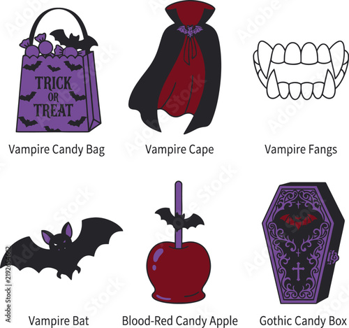 Halloween top decorative border Gothic vampire Halloween vector elements, spooky purple candy bag and coffin box, dark red cape and fangs set isolated on Transparent Background editable eps