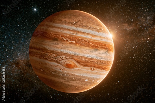 Jupiter shines brightly in the dark sky with its swirling clouds and large storm spotted