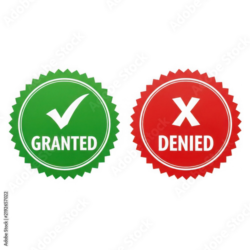 Green granted check mark and red denied cross stamp icons