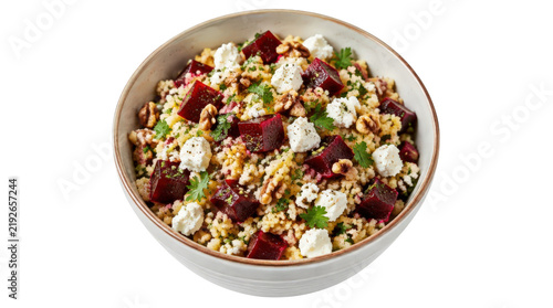 Beetroot Salad with Grain Walnuts and Goat Cheese in a Bowl