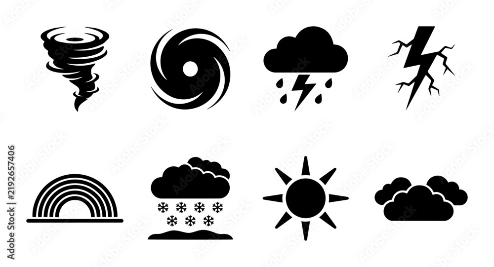 Obraz premium Weather Icons Set: Tornado, Hurricane, Rain, Lightning, Rainbow, Snow, Sun, Clouds, Vector Graphics