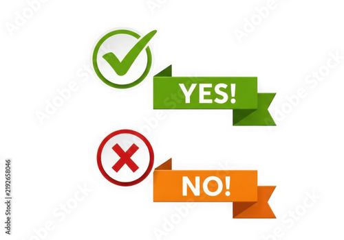 Green check mark yes and red cross mark no signs with ribbon banners