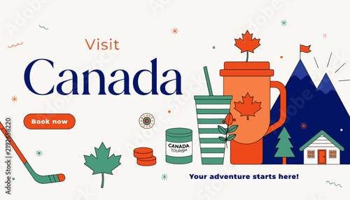 Visit Canada travel poster with maple leaf and hockey stick