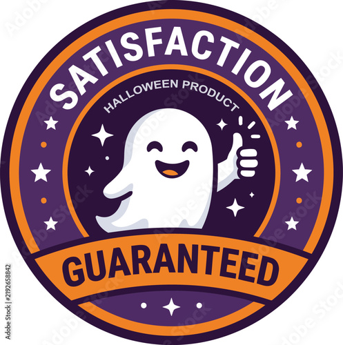 Halloween satisfaction guaranteed badge with cute ghost on transparent background