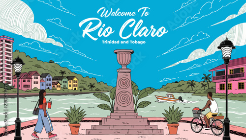 Welcome to Rio Claro, Trinidad and Tobago - vibrant cityscape illustration