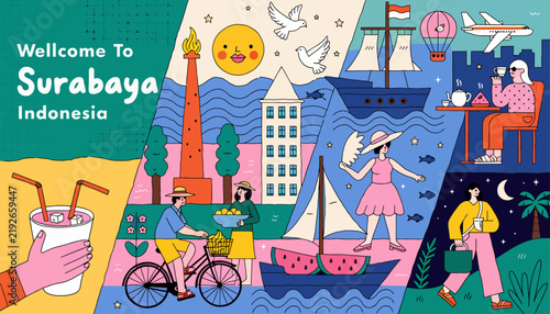 Welcome to Surabaya Indonesia, travel and tourism illustration