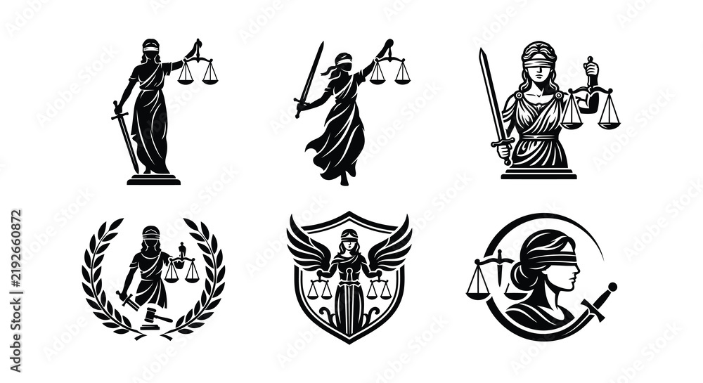 Obraz premium Lady justice silhouettes with scales and swords black vector illustrations