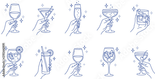 Cocktail glass collection with different drinks held by hands elegant line art beverage vector illustration set
