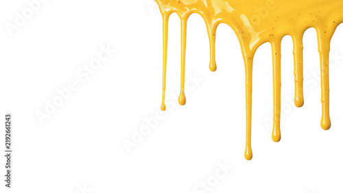 Liquid melting yellow cheddar cheese sauce dripping down dynamic fast food border element