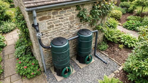Rainwater harvesting system with green plastic barrels beside a stone wall