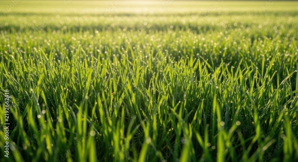 Obraz premium Fresh green grass field with morning dew drops catching the warm sunlight in spring