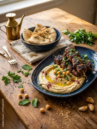 Middle Eastern food platter with kebabs and hummus