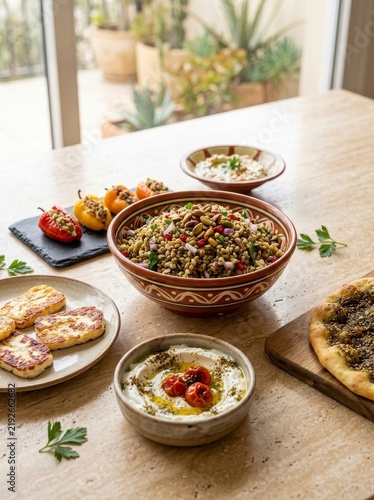 Middle Eastern food spread with dips and salad