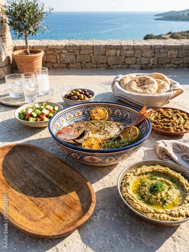 Mediterranean meal with fish olives and dips by the sea