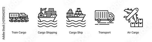 Professional cargo transport icon set featuring train,ship,air,and freight transportation concepts for global logistics industries.