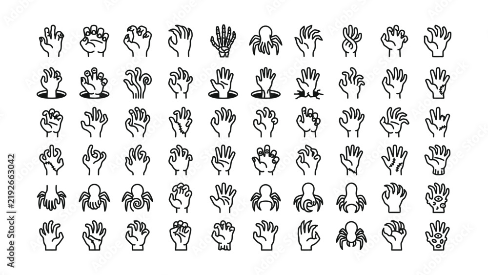 Obraz premium A collection of creepy zombie hand icons and spooky monster limb illustrations for horror themed graphic design projects