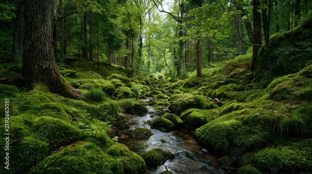 Fototapeta premium Green forest computer wallpaper, Lush green forest wallpaper featuring tall trees and dappled sunlight filtering through the leaves
