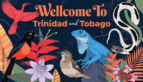 welcome to trinidad and tobago colorful wildlife illustration