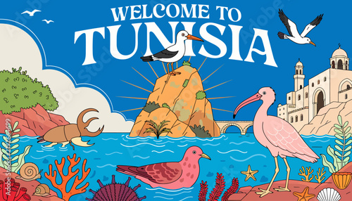 Welcome to Tunisia travel poster with birds and sea creatures