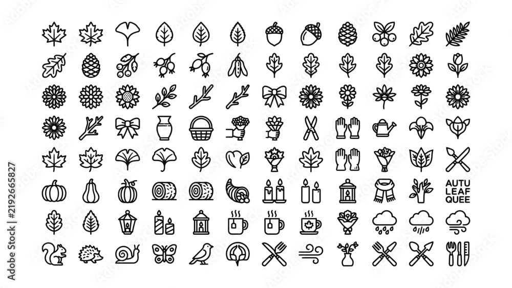 Fototapeta premium A comprehensive collection of hand drawn autumn themed outline icons for seasonal branding projects and design assets