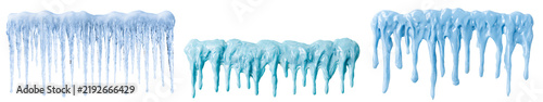 Set of winter snow icicles, frozen ice borders, blue cream frosting, and dripping paint isolated on transparent background