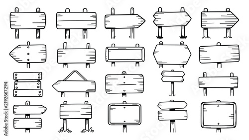 Collection of hand-drawn wooden signpost blank rustic timber boards with posts, arrows, and rectangular shapes in a black and white doodle style