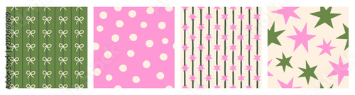 Vector set of festive hand drawn seamless patterns with tied bows, polka dots and stars on a colorful  background. Pink, green and beige colors