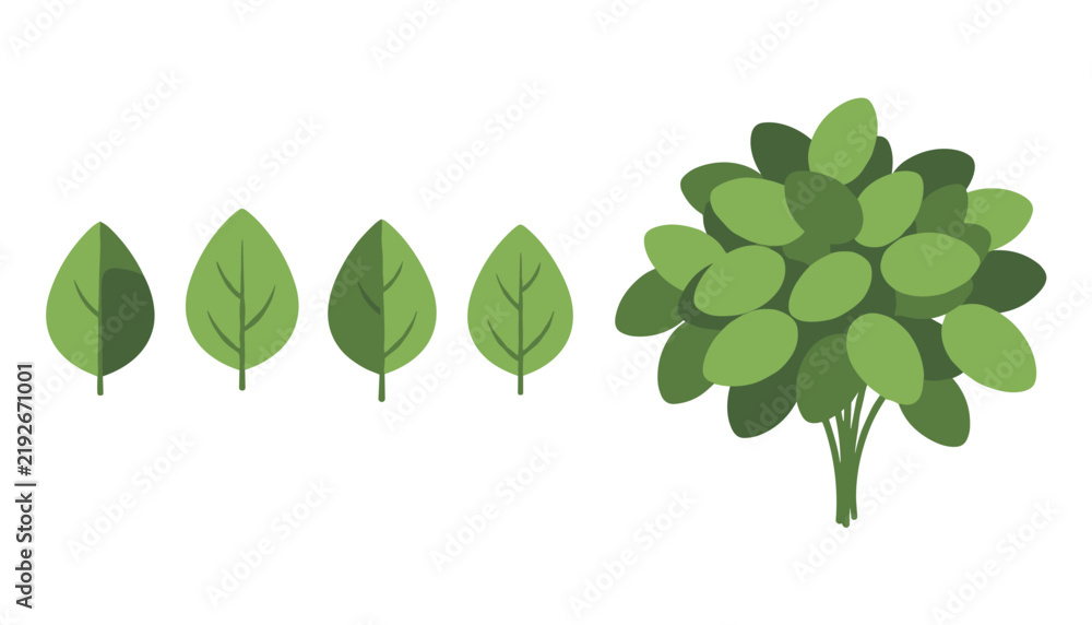 Obraz premium Green leaves and a dense leafy bush illustration isolated on white background representing botany, nature, and plants.