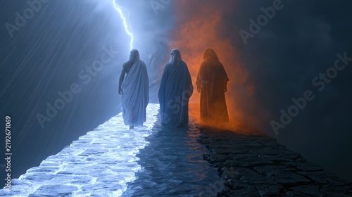 Zeus, Poseidon, and Hades stride forward together through a storm-filled mythical landscape, united as the legendary brothers of ancient Greek mythology.