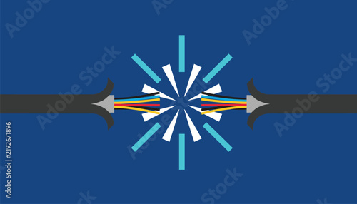 Broken fiber optic or electrical cable with colorful inner wires sparking at the point of disconnection on dark blue.