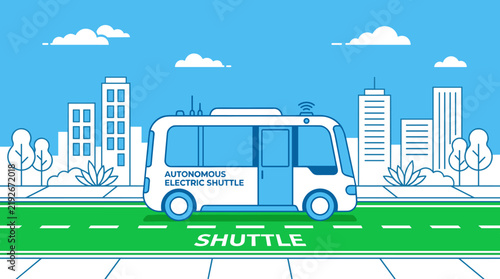 Autonomous electric shuttle bus driving on green city road