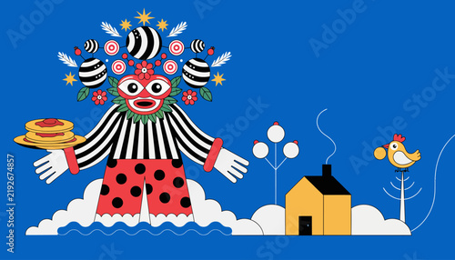 Whimsical character holding food on cloud with house
