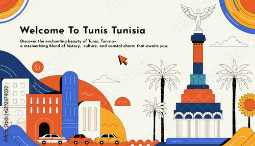 Welcome to Tunis Tunisia, illustration of city landmarks and cultural symbols